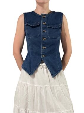Emerson Lang | Blue Denim Button Front Vest Top with Pointed Hem